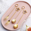 idrop [ 2PCS ] Circle & Star Gold Stainless Steel SUS304 Spoon & Fork Utensil Set / Set Sudu Garfu Keluli Tahan Karat Warna Emas  / 304星星叉子星星勺子圆型叉子圆型勺子
