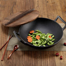 idrop 32CM / 36CM CAST IRON - Wok Cooking Pot with Wooden Lid
