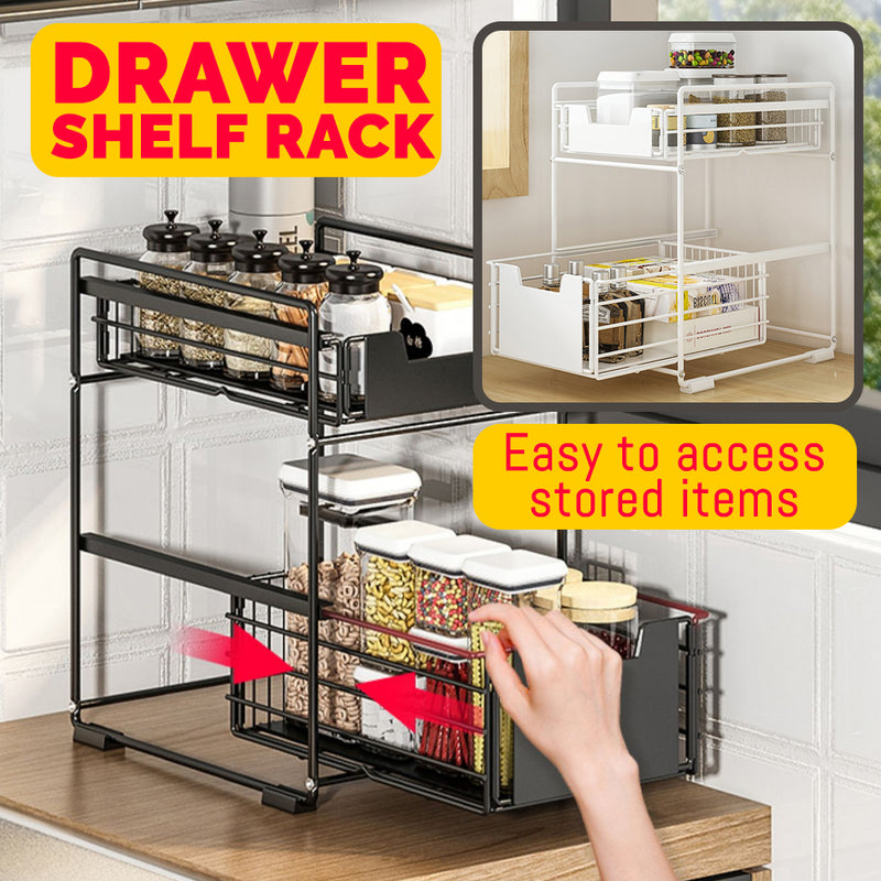 idrop 2 Layer Multipurpose Household Kitchen Sliding Drawer Storage Rack Shelf [ 22cm x 37cm x 43.5cm ] [ WHITE ]