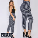 idrop Women's High-Waist Striped Cropped Pants with a Front Tie