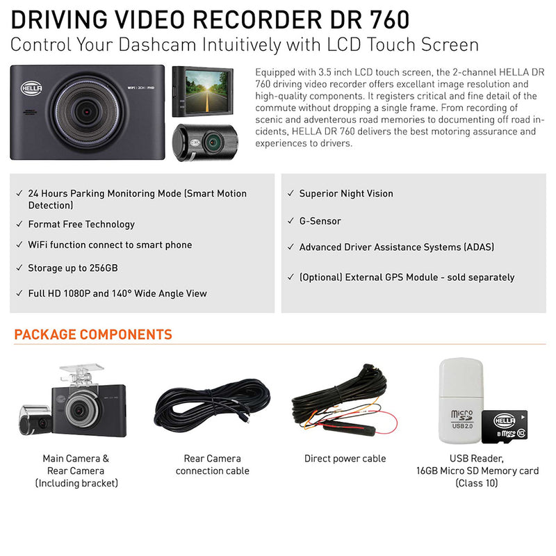 idrop HELLA - DR760 Car Driving Video Recorder [ Wi-Fi ] Full HD 2 Channel Device