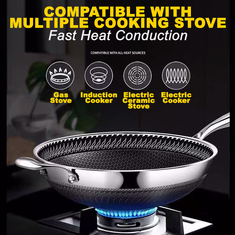 idrop [ 34CM ] Honeycomb Nonstick SUS316 Stainless Steel Cooking Wok with Full Steel Lid Cover / Kuali Memasak Keluli Tahan Karat / (内外蜂窝)(钢盖)34CM不粘炒锅(全印 316)丰隆