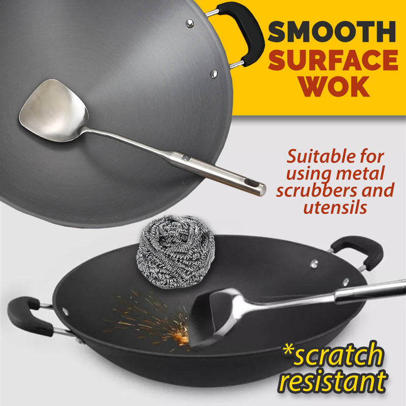 idrop [ 38CM ] Iron Casted Nonstick Cooking Wok with Composite Compound Bottom / Kuali Masak / 复合复合底铸铁不粘锅