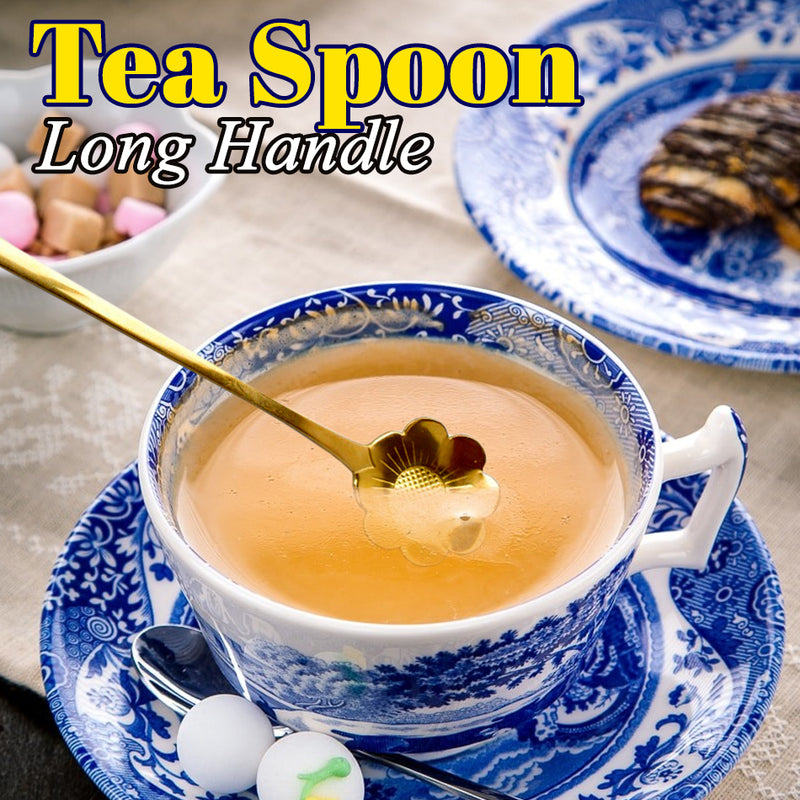 idrop [ 6pcs ] Golden Color Long Handle Floral Teaspoon / Sudu Teh Panjang / (6P/SET)长柄小茶匙(金色)