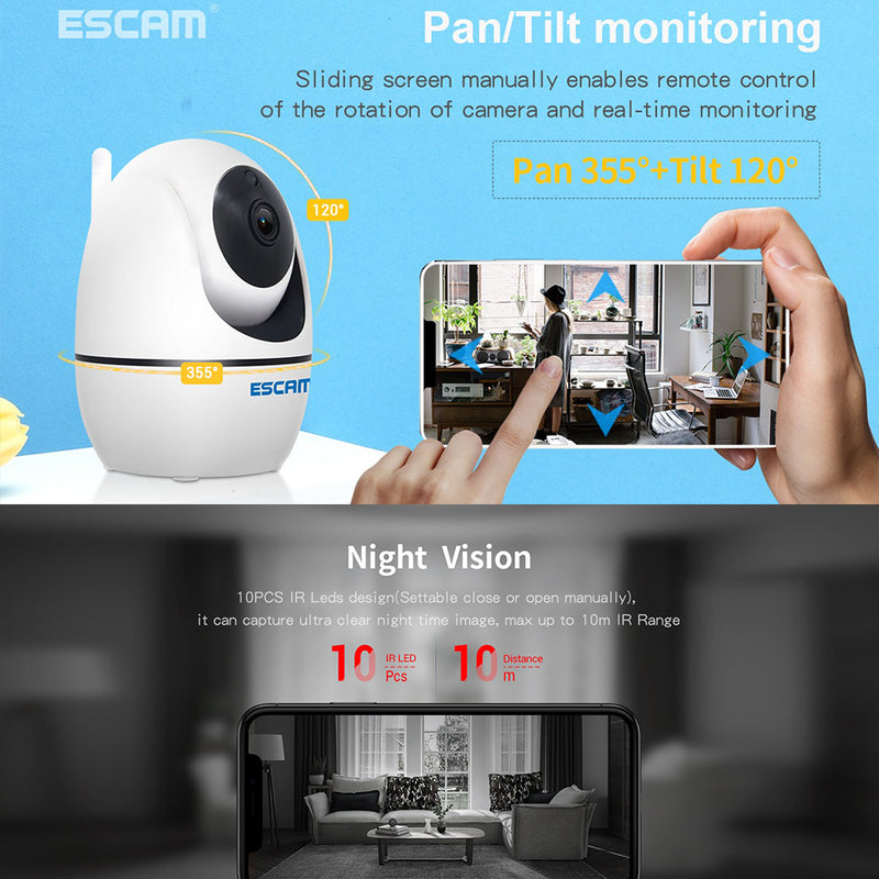 idrop ESCAM PVR008 - Wifi Wireless Home Security IP Camera HD H265 1080p Pan Tilt Motion & Sound Detection