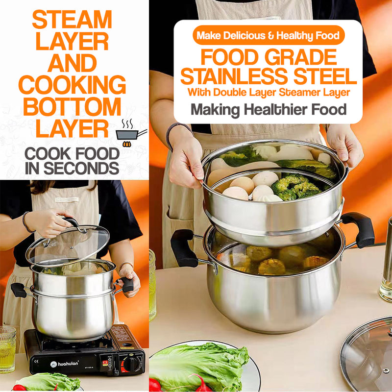 idrop [ 22CM / 24CM ] Stainless Steel Soup Pot [ 1 Layer / 2 layer ] / Periuk Masak Sup / 22CM弧型汤锅 24CM二层弧型汤锅(汤蒸锅)(带格)(复底玻 璃盖)(彩丰)SOUP POT