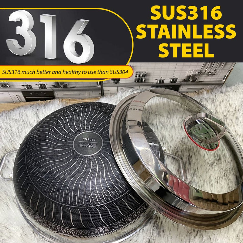 idrop [ 34CM / 40CM ] Kitchen SUS316 Stainless Steel Cooking & Steaming Nonstick Honeycomb Wok & SUS304 Steamer / Kuali periuk Memasak dan Stim / (KATA)鸿运驰新(内外蜂窝)加蒸格34CM/40CM双耳玻璃组合盖 316炒锅