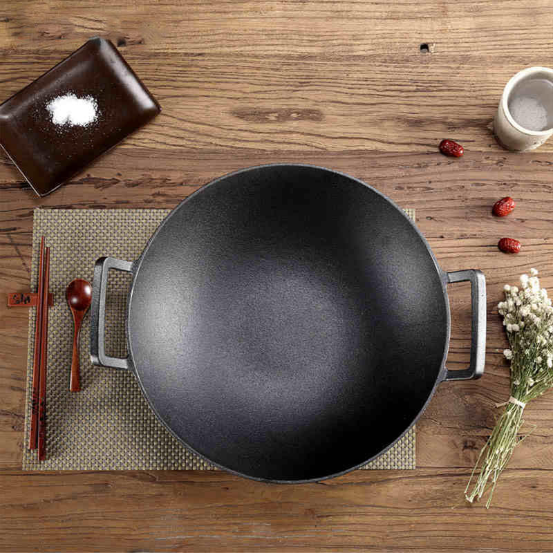 idrop 32CM / 36CM CAST IRON - Wok Cooking Pot with Wooden Lid
