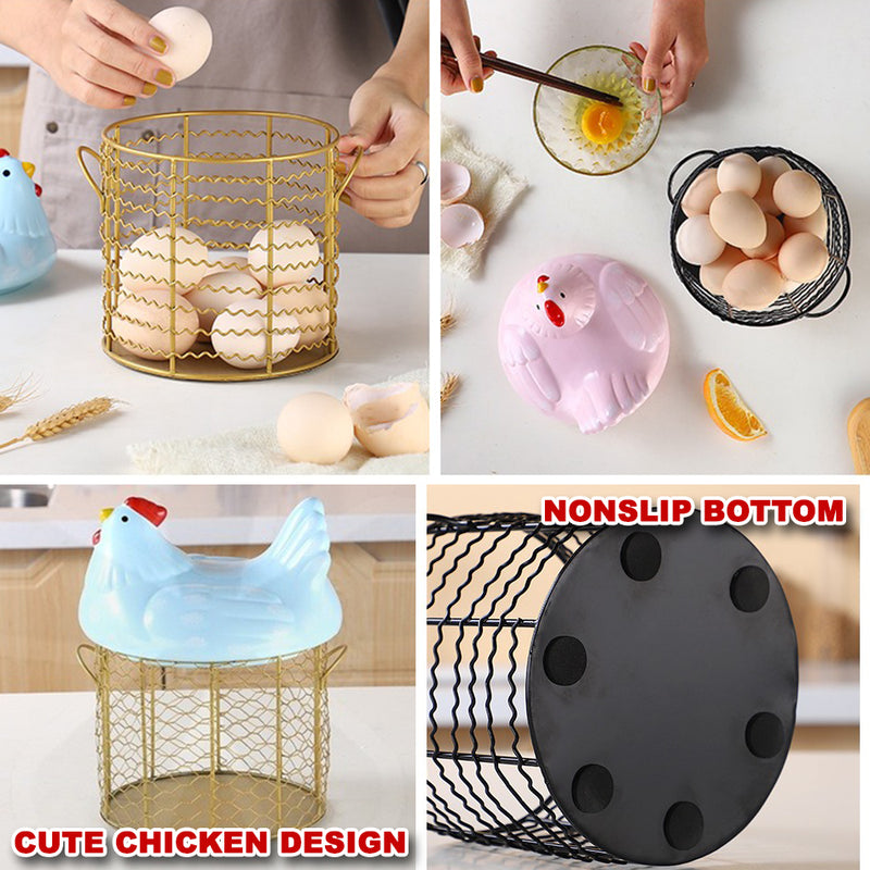 idrop Ceramic Chicken Egg Storage Wire Basket / Ayam Seramik Bekas Penyimpanan Telur / 陶瓷红鸡冠配金色直筒网篮