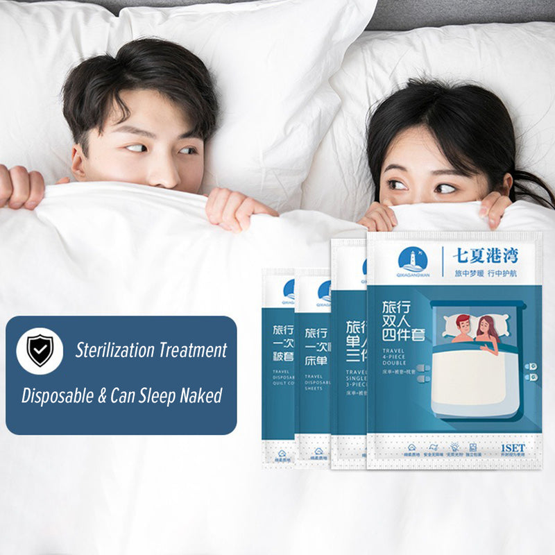 idrop [ QUEEN SIZE ] Hotel Disposable Bed Sheet Quilt Pillow Case Cover / Cadar Katil Selimut & Bantal Pakai Buang / 旅行双人四件套床套套装(七厦 港湾QIXIAGANWAN)