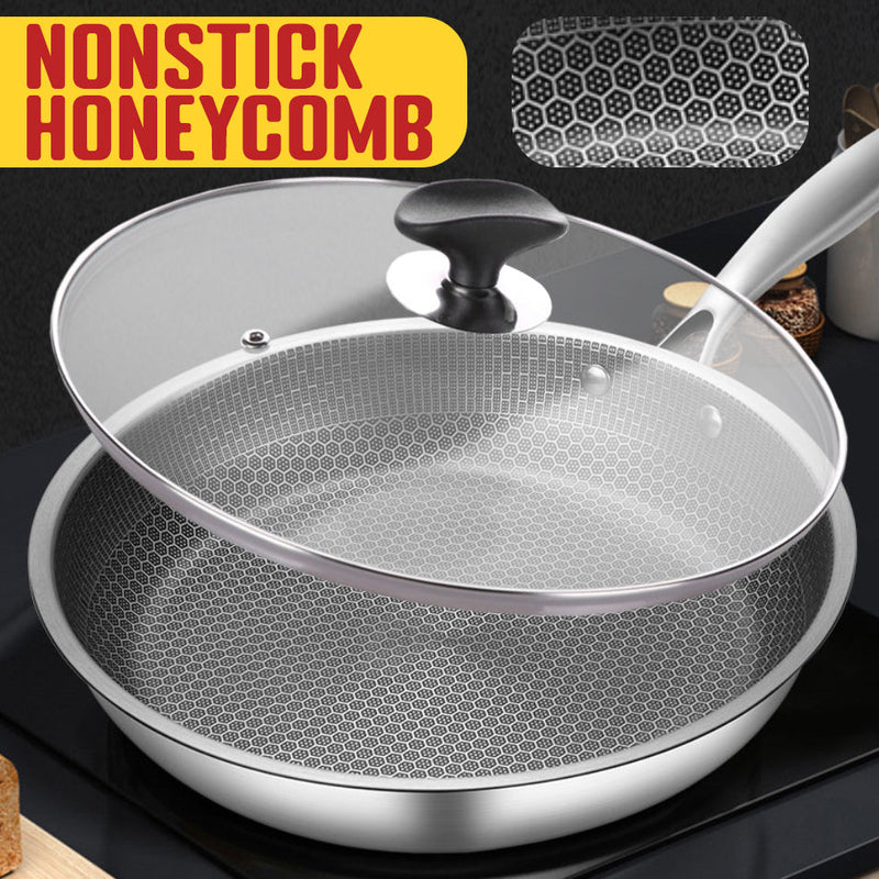 idrop [ 24CM - 30CM ] Inner Honeycomb Nonstick Single Handle Frying Pan with Glass Lid Cover / Periuk Masak Tidak Lekat dengan Penutup Kaca / 24CM - 30CM 内蜂窝不粘单柄煎锅带玻璃盖盖 [ 24CM / 26CM / 28CM / 30CM ]