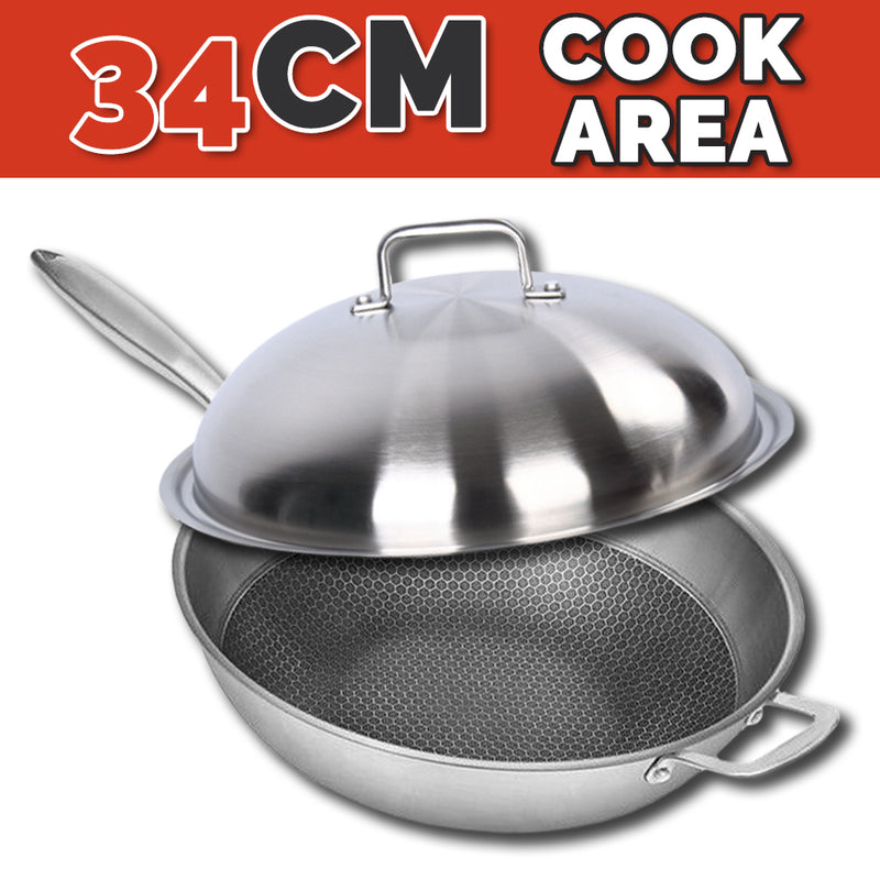 idrop 34cm Stainless Steel Non-Stick Cooking Wok with Full Lid Cover