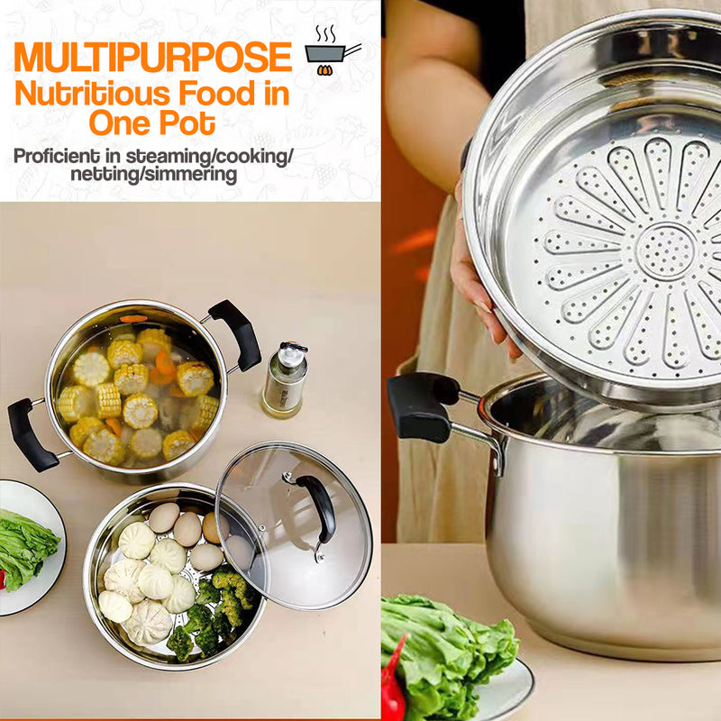 idrop [ 22CM / 24CM ] Stainless Steel Soup Pot [ 1 Layer / 2 layer ] / Periuk Masak Sup / 22CM弧型汤锅 24CM二层弧型汤锅(汤蒸锅)(带格)(复底玻 璃盖)(彩丰)SOUP POT