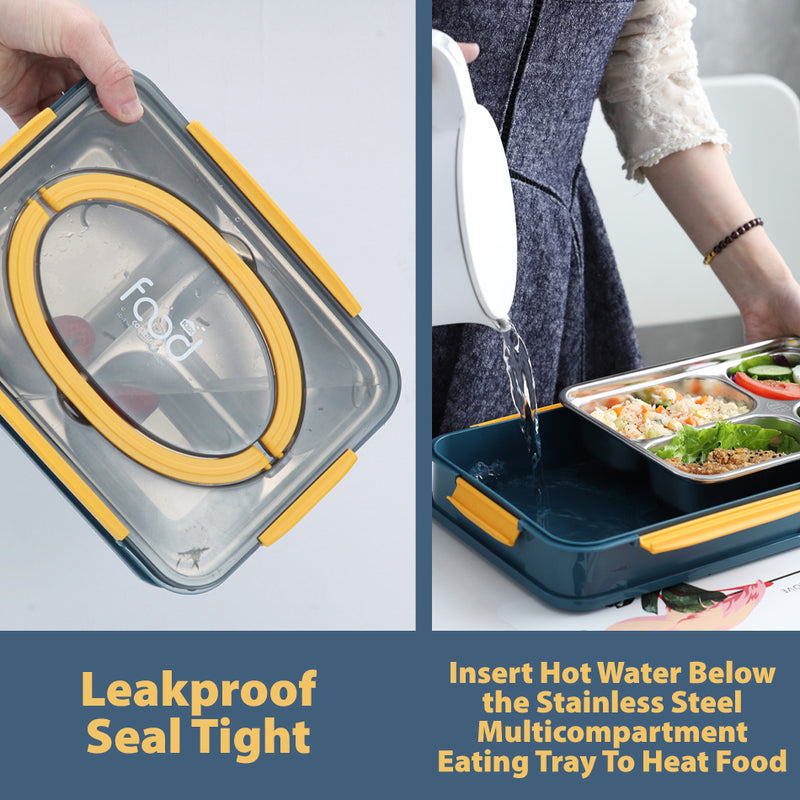 idrop Portable Leakproof Food Eating Lunchbox with Heat Insulation Inner Stainless Steel 4 Compartment Food Plate [ FREE SPOON & FORK ]