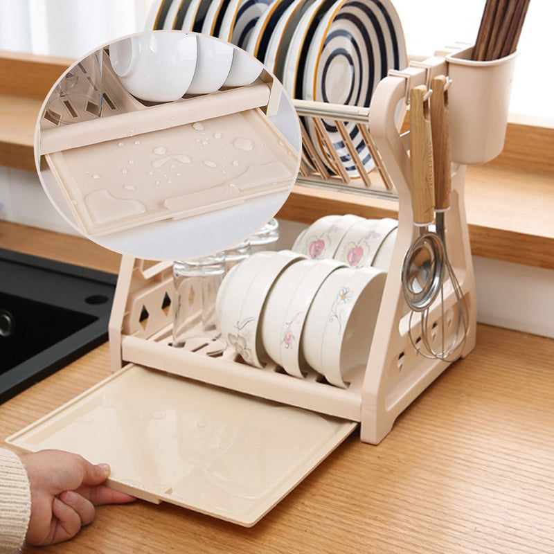 idrop [ 2 LAYER ] Full Set Dishrack Plastic & Stainless Steel / Rak Pinggan Mangkuk Plastik & Keluli Tahan Karat / 塑料不锈钢全套款碗架(牛皮纸盒)
