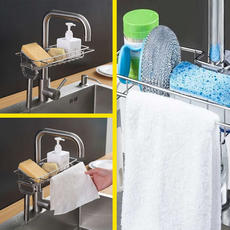 idrop Stainless Steel Pipe Faucet Mount Toiletry Rack Shelf with Cloth Hanger