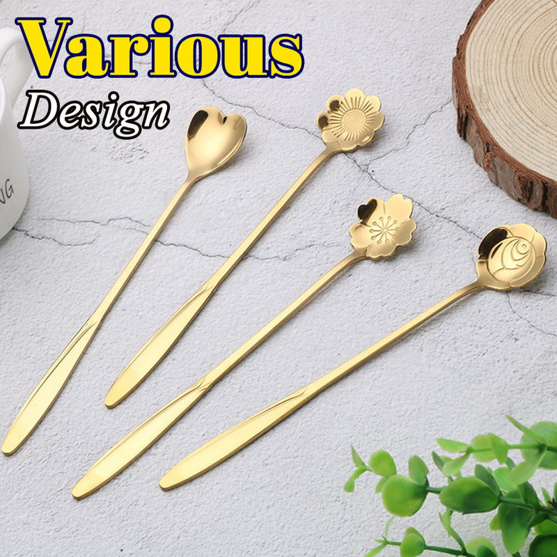 idrop [ 6pcs ] Golden Color Long Handle Floral Teaspoon / Sudu Teh Panjang / (6P/SET)长柄小茶匙(金色)