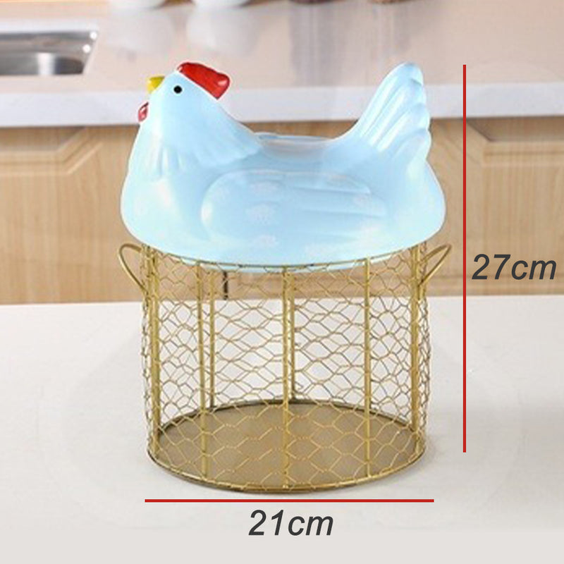 idrop Ceramic Chicken Egg Storage Wire Basket / Ayam Seramik Bekas Penyimpanan Telur / 陶瓷红鸡冠配金色直筒网篮