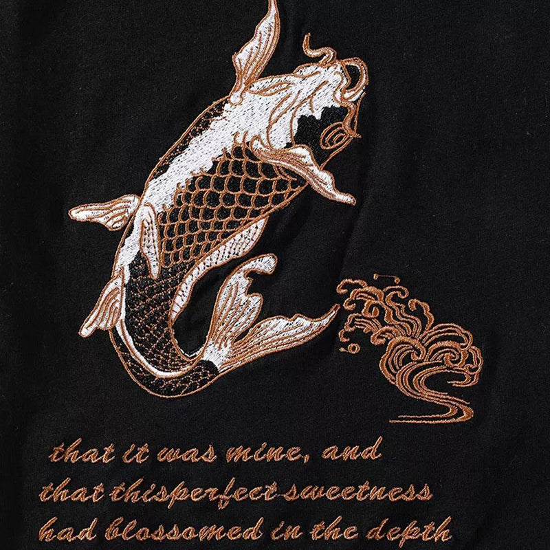 idrop TOLLO Hip Hop Chinese Koi Fish Fashion Streetwear Fish Embroidery T-Shirt / T-Shirt Fesyen Koi Sulaman Ikan / 嘻哈中国锦鲤鱼时尚街头服饰鱼刺绣 T 恤