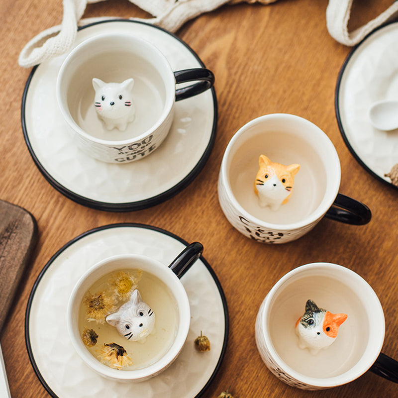 idrop CUTE CAT IN CUP Ceramic Coffee Cup with Saucer / Cawan Minum Kucing 3D & Piring / 陶瓷杯 立体猫咪英文陶瓷咖啡杯碟