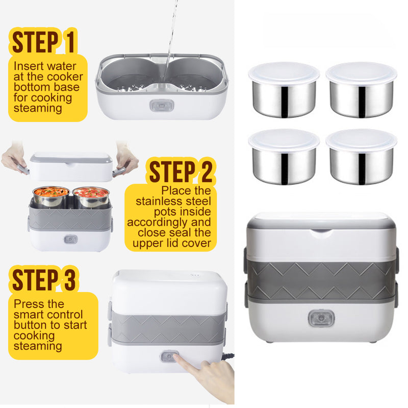idrop  [ 2 LAYER ] [ 4 Pcs Pot ] [ 2L ] Multifunctional Electric Cooking Steamer Portable Lunch Box