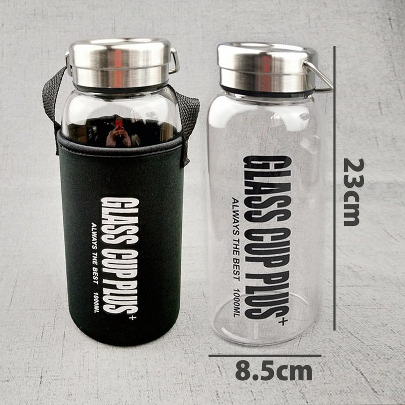 idrop [ 1000ml ] Glass Cup Drinking Water Bottle with Bottle Carry Bag / Botol Air Kaca dengan Beg Botol Mudah Alih / (钢盖)高硼硅玻璃壶带套(水壶)(GLASS CUP PLUS)