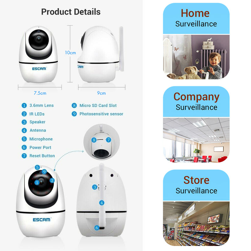 idrop ESCAM PVR008 - Wifi Wireless Home Security IP Camera HD H265 1080p Pan Tilt Motion & Sound Detection