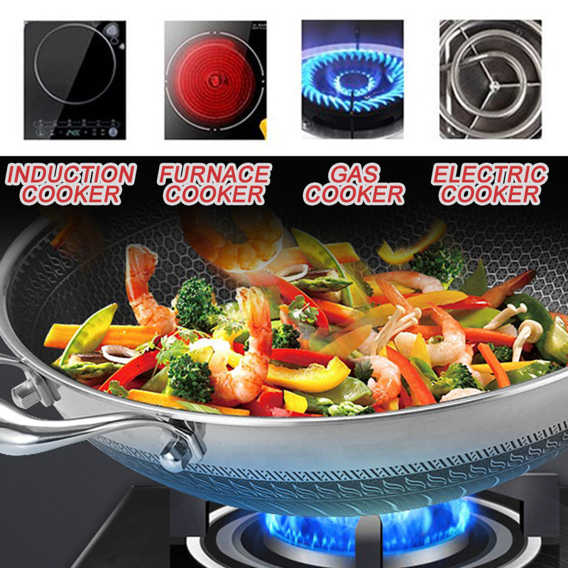 idrop [ 40CM ] Honeycomb Nonstick Stainless Steel SUS316 Cooking Wok with Full Lid Cover / Kuali Memasak Keluli Tahan Karat / 蜂窝不粘不锈钢SUS316炒锅半全盖