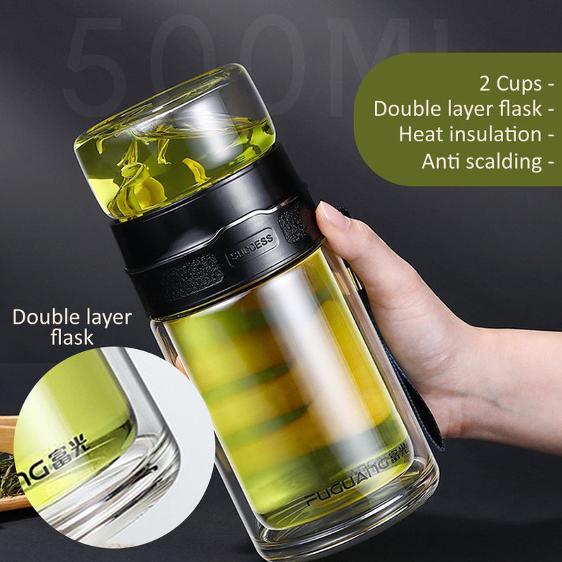 idrop [ 500ml ] 2IN1 Premium High Grade Glass Drinking Flask Tea Separation Bottle With SUS304 Stainless Filter / Botol Minuman Kaca 2 Dalam 1 Bersama Penapis Keluli Tahan Karat / 富光双层玻璃杯大容量茶水分离杯车载便携商务水杯