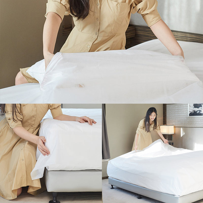 idrop [ QUEEN SIZE ] Hotel Disposable Bed Sheet Quilt Pillow Case Cover / Cadar Katil Selimut & Bantal Pakai Buang / 旅行双人四件套床套套装(七厦 港湾QIXIAGANWAN)
