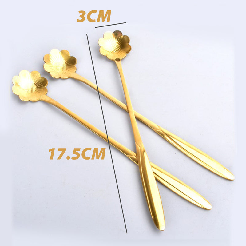 idrop [ 6pcs ] Golden Color Long Handle Floral Teaspoon / Sudu Teh Panjang / (6P/SET)长柄小茶匙(金色)