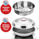 idrop [ 34CM / 40CM ] Kitchen SUS316 Stainless Steel Cooking & Steaming Nonstick Honeycomb Wok & SUS304 Steamer / Kuali periuk Memasak dan Stim / (KATA)鸿运驰新(内外蜂窝)加蒸格34CM/40CM双耳玻璃组合盖 316炒锅