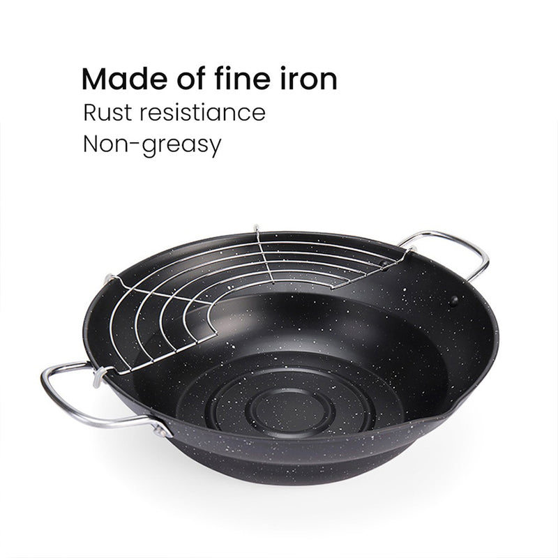 idrop [ 28CM ] Japanese Style Wide Iron Deep Frying Pan with Draining Rack / Kuali Memasak / 日式宽铁煎锅带沥水架
