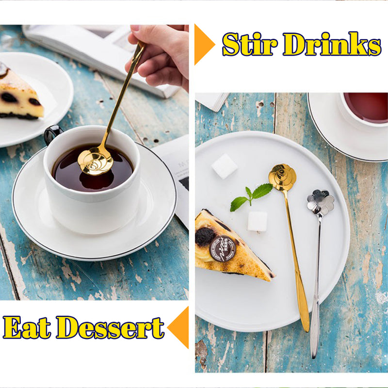 idrop [ 6pcs ] Golden Color Long Handle Floral Teaspoon / Sudu Teh Panjang / (6P/SET)长柄小茶匙(金色)