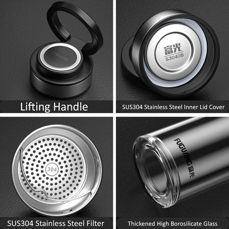 idrop [ 800ml ] Premium High Grade Glass Drinking Flask Bottle With SUS304 Stainless Filter / Botol Minuman Kaca Gred Tinggi Dengan Penapis Keluli Tahan Karat / 茶杯男款玻璃高档防摔双层防烫男士水杯新款分离式泡茶杯高端