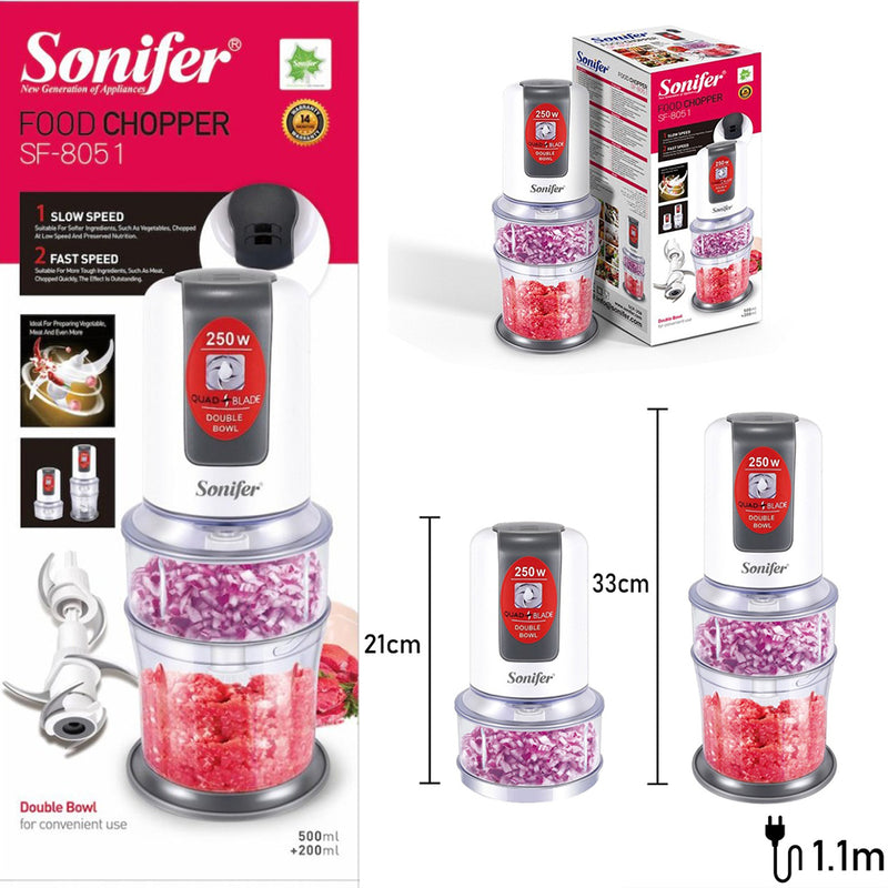 idrop [ SONIFER ] 2 IN 1 Double Layer Food Chopper Blender Dual Speed 250W / Pengisar Makanan Dua dalam Satu / 500+200ML双层碎肉机 [ 200ml + 500ml ]