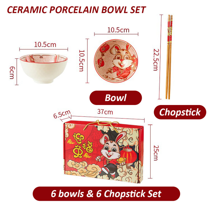 idrop [ 6PCS ] CNY Chinese New Year of Rabbit Ceramic Rice Bowl Set with Chopsticks [ Yingfu Rabbit ] / Set Mangkuk Seramik & Chopstick Tahun Baru Cina Tahun Arnab / 陶瓷套装(兔) 迎富兔6碗6筷陶瓷套装CNY