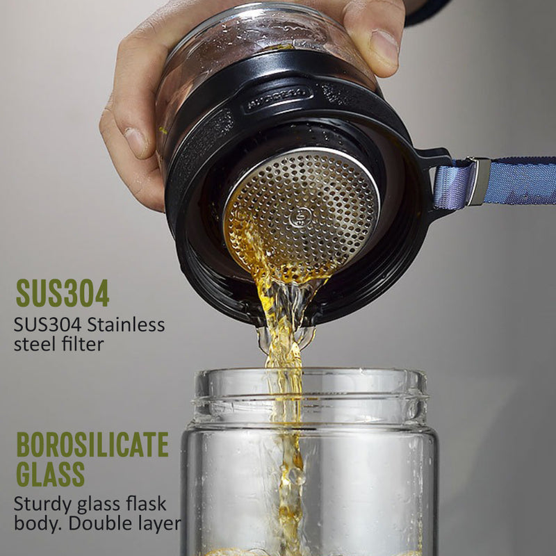 idrop [ 500ml ] 2IN1 Premium High Grade Glass Drinking Flask Tea Separation Bottle With SUS304 Stainless Filter / Botol Minuman Kaca 2 Dalam 1 Bersama Penapis Keluli Tahan Karat / 富光双层玻璃杯大容量茶水分离杯车载便携商务水杯