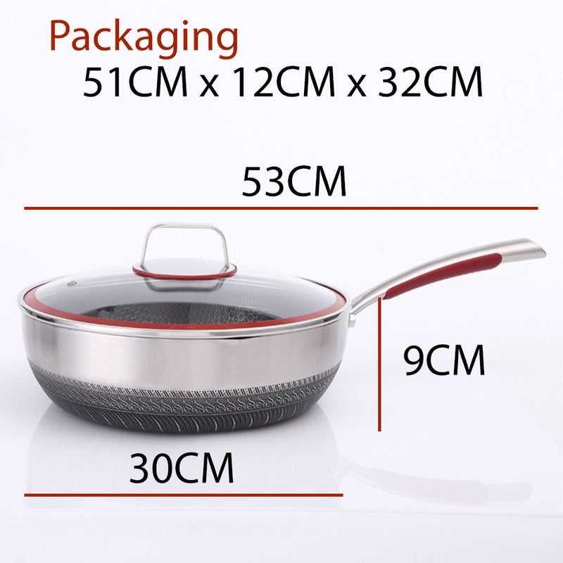 idrop [ 30CM ] SUS316 Stainless Steel Nonstick Honeycomb Cooking Wok with Glass Lid / Kuali Memasak Keluli Tahan Karat / 30CM不锈钢内外蜂窝雪平锅