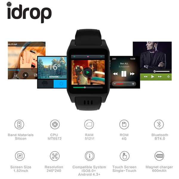 idrop X86 Smart Watch 1.54" MTK6572 Dual Core Android 4.4 3G WiFi Heart Rate Monitor