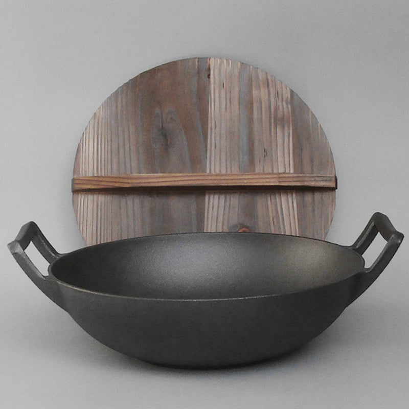 idrop 32CM / 36CM CAST IRON - Wok Cooking Pot with Wooden Lid