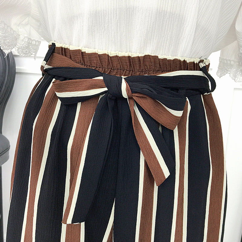 idrop KOREAN FASHION Women's Chiffon Loose High Waist Casual Spring Summer Stripe Pants with Belt