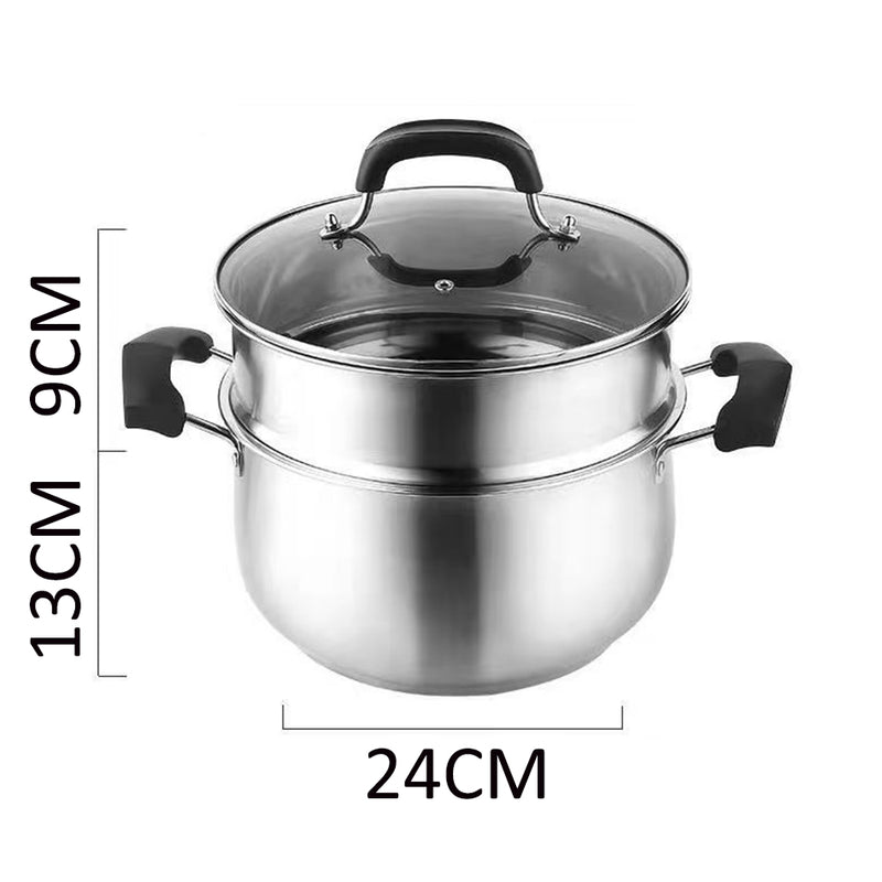 idrop [ 22CM / 24CM ] Stainless Steel Soup Pot [ 1 Layer / 2 layer ] / Periuk Masak Sup / 22CM弧型汤锅 24CM二层弧型汤锅(汤蒸锅)(带格)(复底玻 璃盖)(彩丰)SOUP POT