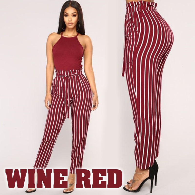 idrop Women's High-Waist Striped Cropped Pants with a Front Tie