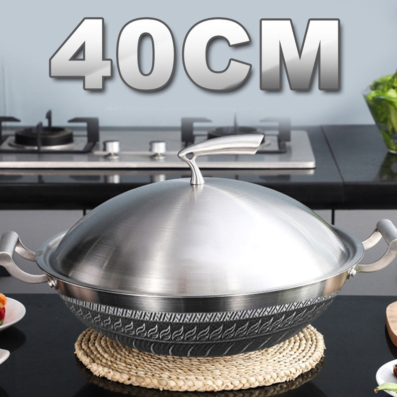 idrop 40CM Kitchen Honeycomb Non Stick Cooking Frying Wok SUS304 Stainless Steel with Lid Cover [ FREE Spatula & Microfiber Towel ]