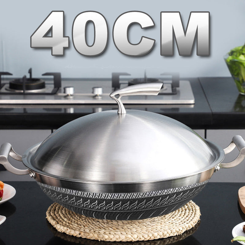 idrop 40CM Kitchen Honeycomb Non Stick Cooking Frying Wok SU304 Stainless Steel with Lid Cover