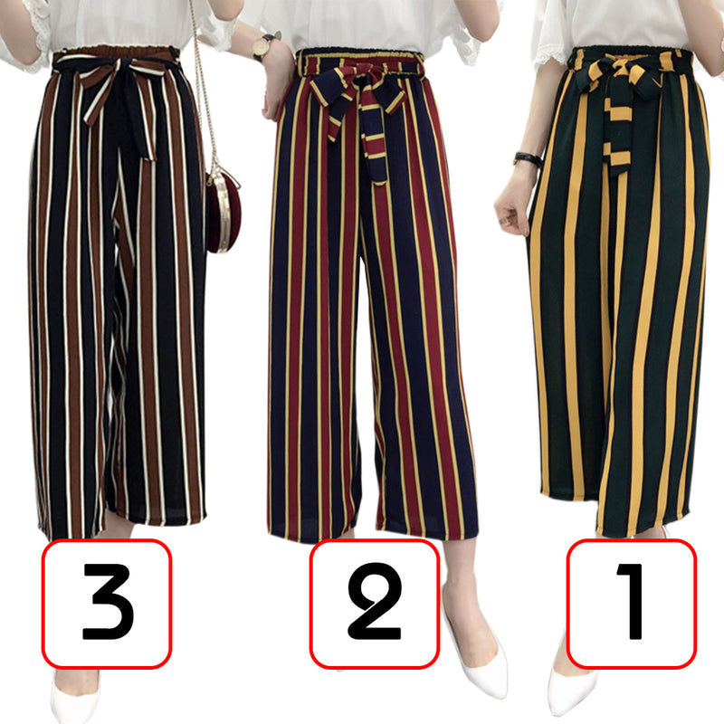 idrop KOREAN FASHION Women's Chiffon Loose High Waist Casual Spring Summer Stripe Pants with Belt