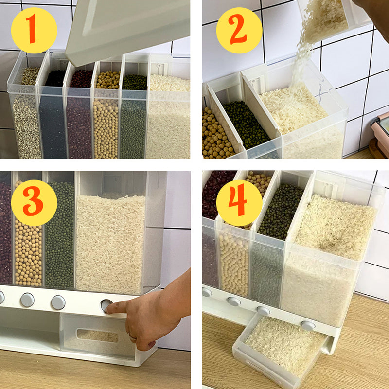 idrop [ 6 Compartment ] Cereal & Grain Food Storage Partitioned Container Dispenser