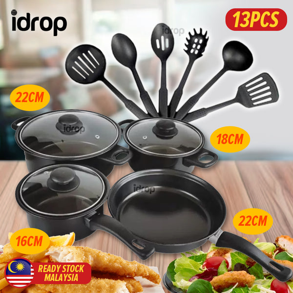 idrop [ 13pcs ] KITCHEN COOKWARE SET - Kitchenware Pot Pan and Utensils / Set Dapur Periuk Masak / 厨具锅盘和炊具套装