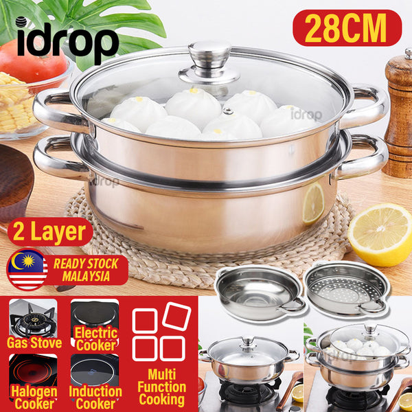 idrop [ 28CM ] 2 Layer Stainless Steel Cooking Wok Pot & Steamer / Periuk Memasak dan Masak Stim / 2层不锈钢炒锅和蒸锅